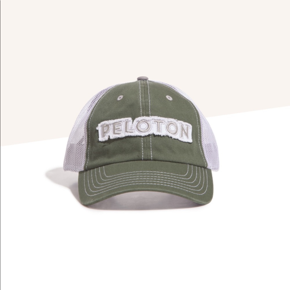 NEW! PELOTON Distressed Hat Two-Tone Design Adjustable Velcro Back Olive Cream
